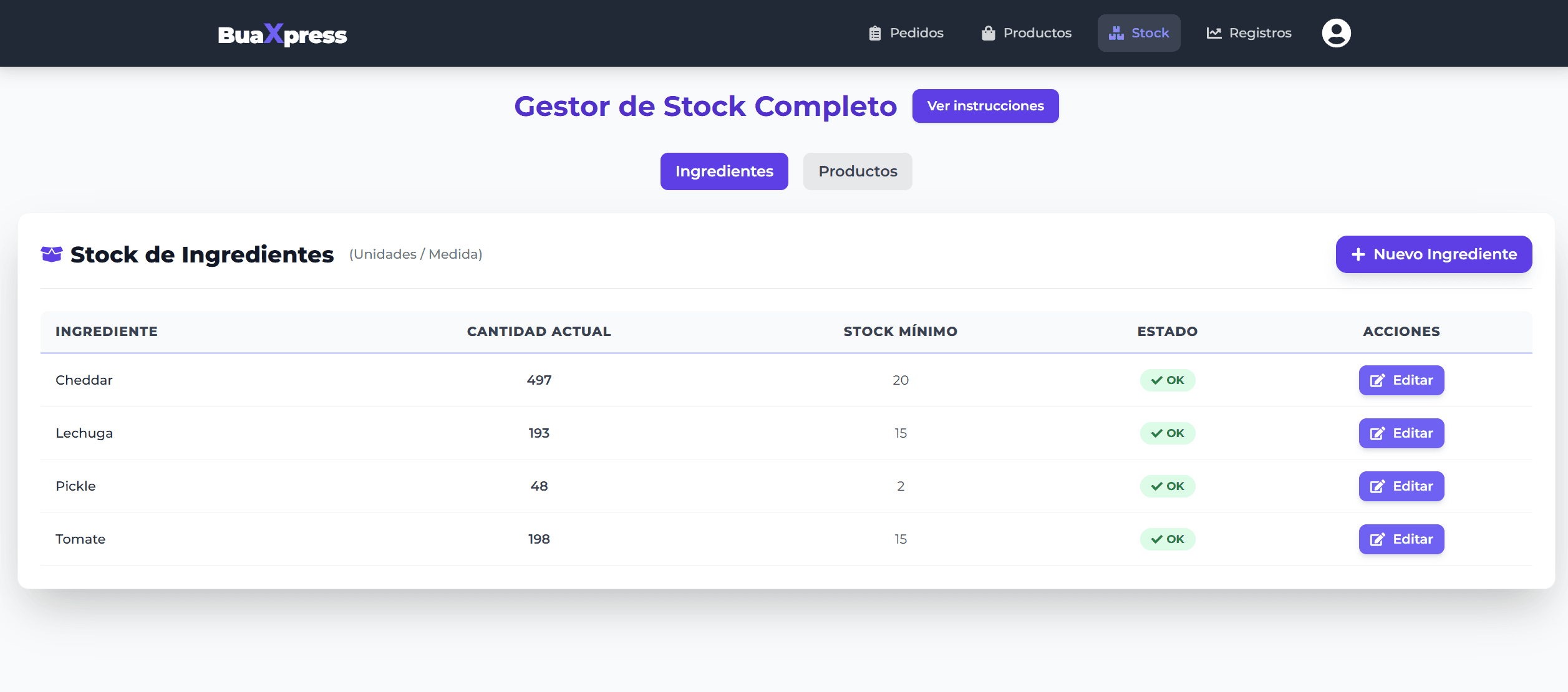 Interfaz principal de gestión de stock