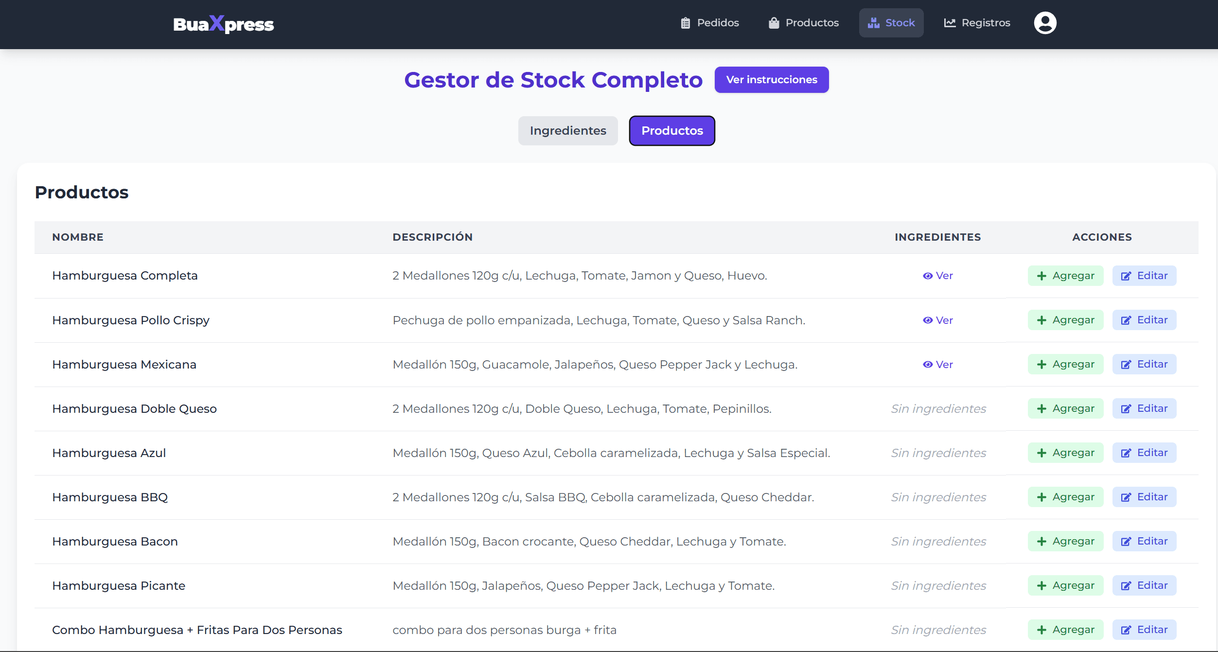 Detalle de materia prima e ingredientes