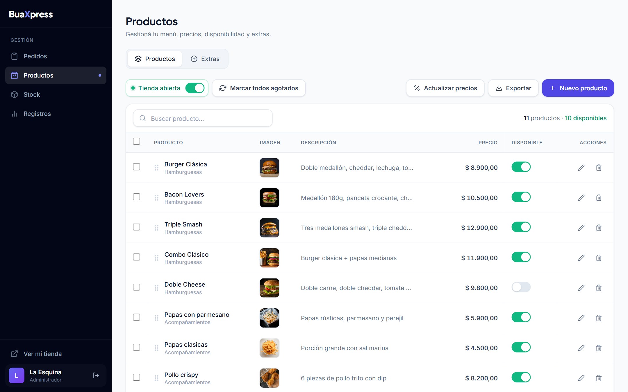 Panel BuaXpress: Productos