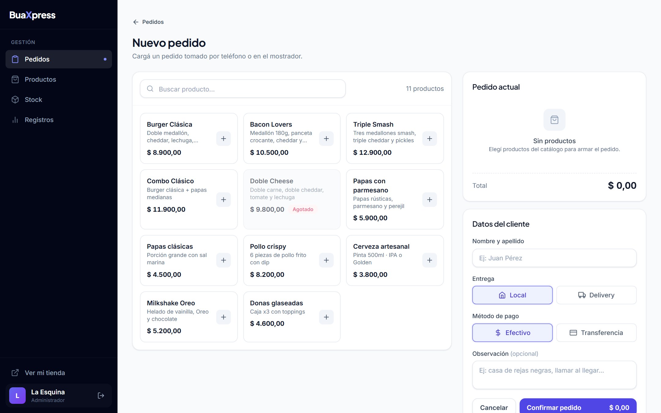 Panel BuaXpress: Nuevo pedido