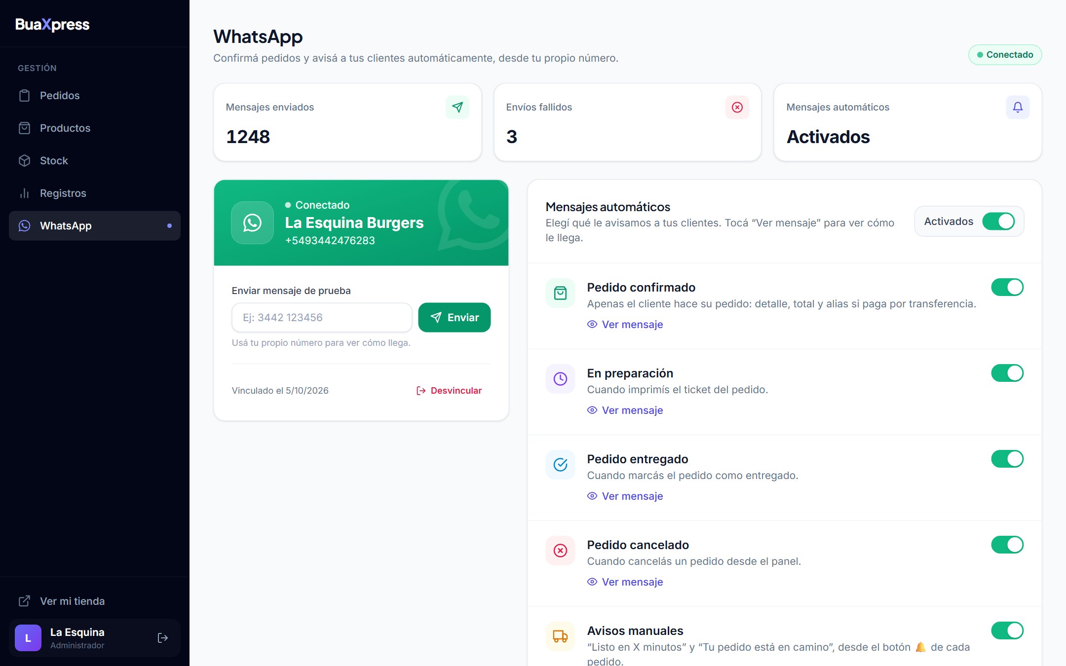 Panel BuaXpress: WhatsApp